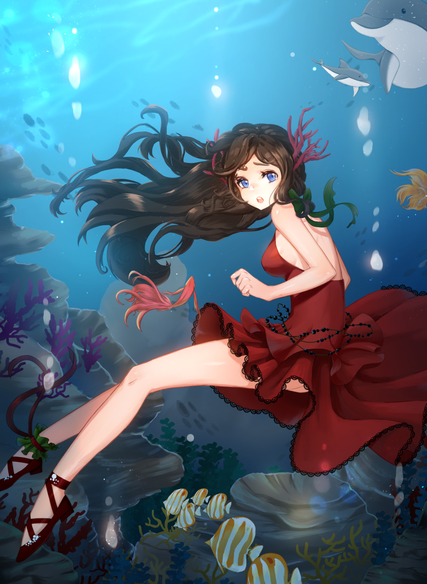 1girl :o absurdres ankle_cuffs ankle_lace-up backless_outfit bare_legs belly_chain blue_eyes breasts brown_hair butterflyfish coral coral_hair_ornament cross-laced_footwear dolphin dress floating_hair from_side full_body hair_ornament highres horns jewelry long_hair looking_at_viewer looking_to_the_side medium_breasts monet930 no_socks ocean ocean_bottom open-back_dress original red_dress red_footwear school_of_fish shoes sideboob sleeveless sleeveless_dress tropical_fish underwater