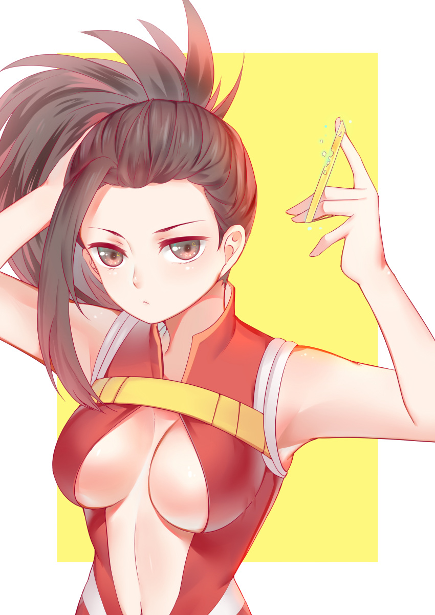 1girl absurdres bare_shoulders black_hair boku_no_hero_academia breasts cleavage_cutout frown grey_eyes hair_tie highres holding holding_hair leotard long_hair looking_at_viewer medium_breasts navel ponytail qie0909 shiny shiny_hair solo star tying_hair upper_body white_background yaoyorozu_momo yellow_background