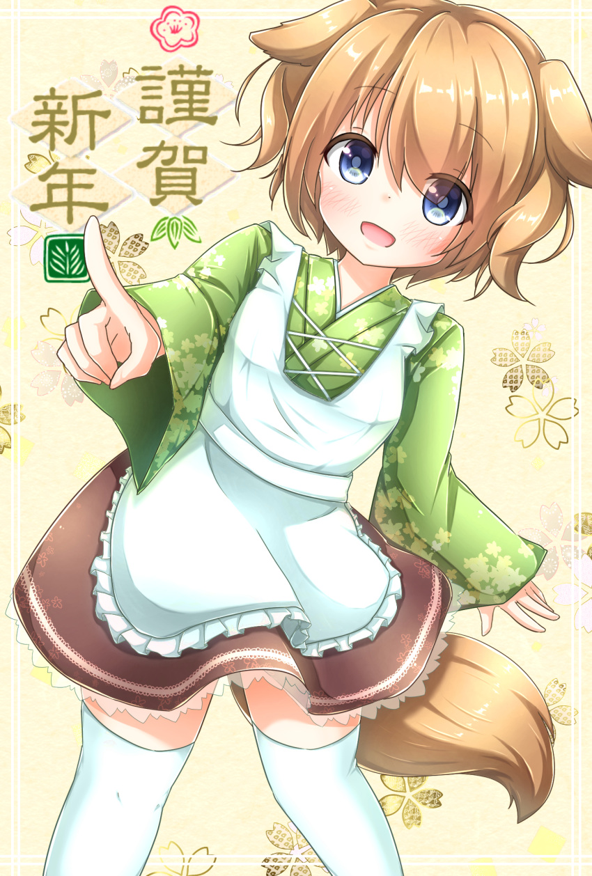 1girl :d animal_ears apron blue_eyes commentary_request dog_ears dog_tail floral_background frilled_skirt frills green_kimono highres houjun_dashi japanese_clothes kimono light_brown_hair open_mouth original short_hair simple_background skirt smile tail thigh-highs translation_request white_legwear wide_sleeves year_of_the_dog zettai_ryouiki