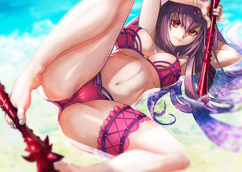 1girl arms_behind_head barefoot between_toes bikini breasts cleavage fate/grand_order fate_(series) feet foot_hold gae_bolg highres large_breasts leg_garter long_hair looking_at_viewer lying nail_polish on_side partially_submerged pink_bikini purple_hair red_eyes scathach_(fate/grand_order) scathach_(swimsuit_assassin)_(fate) solo spread_legs srsojiro swimsuit thigh_strap toes under_boob water