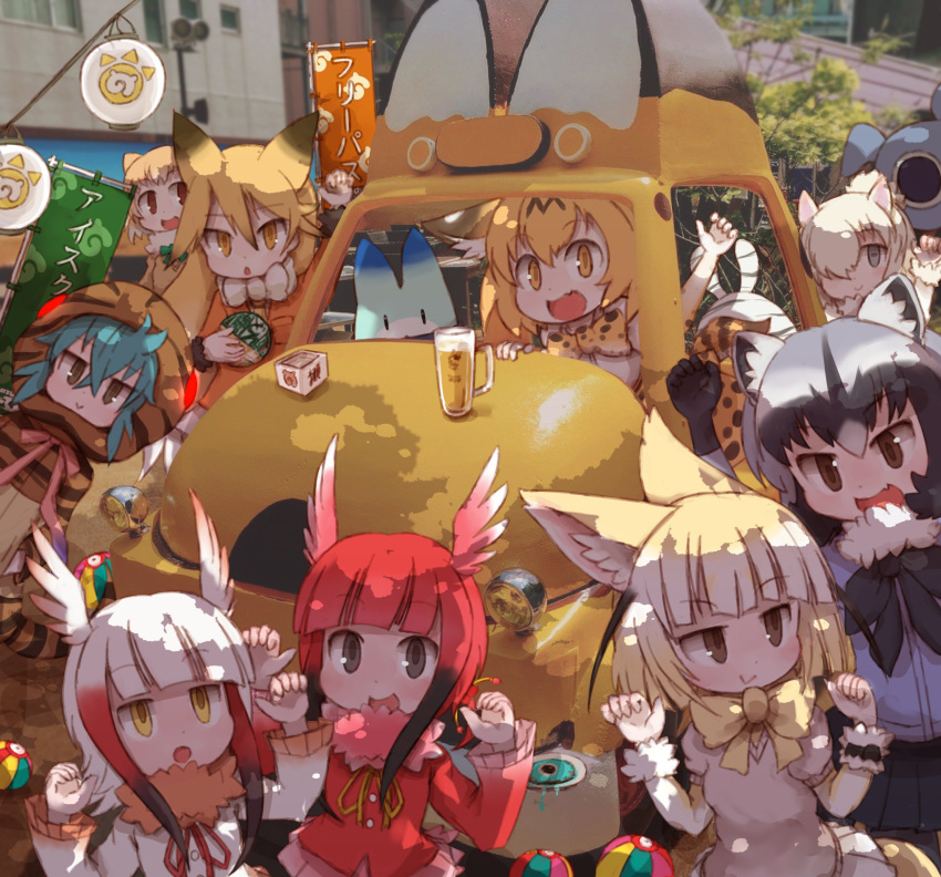 6+girls :d :o ahoge alcohol alpaca_ears alpaca_suri_(kemono_friends) animal_ears aqua_hair arm_up bangs banner beer beer_mug black-tailed_prairie_dog_(kemono_friends) black_gloves black_hair black_neckwear black_skirt blonde_hair blunt_bangs bow bowtie breast_pocket brown_eyes cerulean_(kemono_friends) chestnut_mouth claw_pose common_raccoon_(kemono_friends) cup day donbee_(food) drinking_glass elbow_gloves empty_eyes ezo_red_fox_(kemono_friends) fang fennec_(kemono_friends) food fox_ears fur-trimmed_sleeves fur_collar fur_trim gloves green_neckwear grey_eyes grey_hair hair_between_eyes hair_bun hair_over_one_eye hand_on_hip head_wings highres holding hood hoodie jacket japanese_crested_ibis_(kemono_friends) japari_bun japari_symbol kemono_friends kolshica lantern leaning_to_the_side long_hair long_sleeves looking_at_viewer looking_up lucky_beast_(kemono_friends) masu miniskirt multicolored multicolored_clothes multicolored_gloves multicolored_hair multiple_girls necktie no_gloves open_mouth orange_jacket outdoors paper_balloon paper_lantern photo_background pink_skirt pink_sweater pleated_skirt pocket prairie_dog_ears print_gloves print_neckwear print_skirt raccoon_ears redhead savanna_striped_giant_slug_(kemono_friends) scarlet_ibis_(kemono_friends) serval_(kemono_friends) serval_ears serval_print serval_tail shade short_hair skirt smile snake_tail sweater tail tsuchinoko_(kemono_friends) white_gloves white_hair white_neckwear white_skirt yellow_eyes yellow_gloves yellow_neckwear