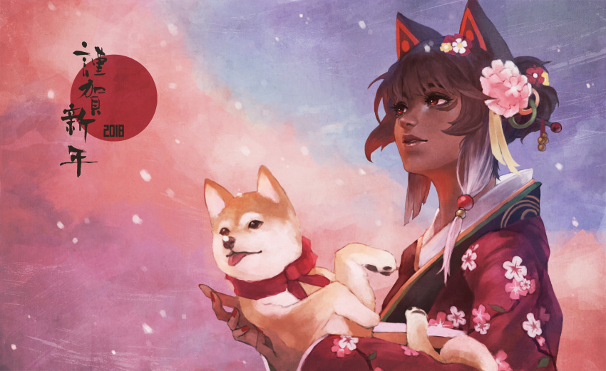 1girl 2018 absurdres animal animal_ears axis_(mgl139) black_hair borrowed_character dark_skin dog dog_ears flower gradient_hair hair_bun hair_flower hair_ornament highres holding holding_animal japanese_clothes kimono lips monori_rogue multicolored_hair new_year nose original red_eyes shiba_inu short_hair snow white_hair