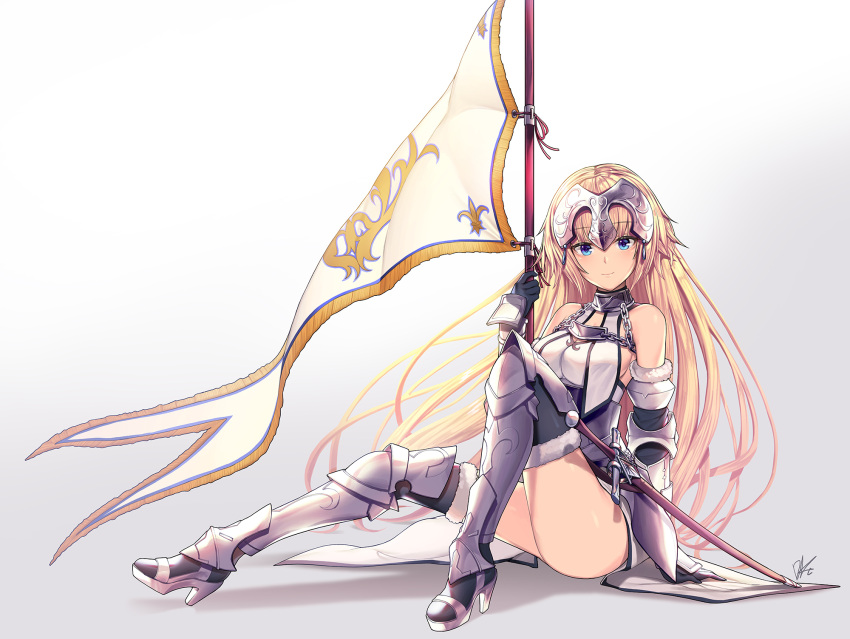 1girl armor black_gloves blonde_hair blue_eyes closed_mouth fate/apocrypha fate_(series) flag full_body gloves gradient gradient_background grey_background headpiece highres jeanne_d'arc_(fate) jeanne_d'arc_(fate)_(all) lee_seok_ho long_hair looking_at_viewer signature sitting smile solo