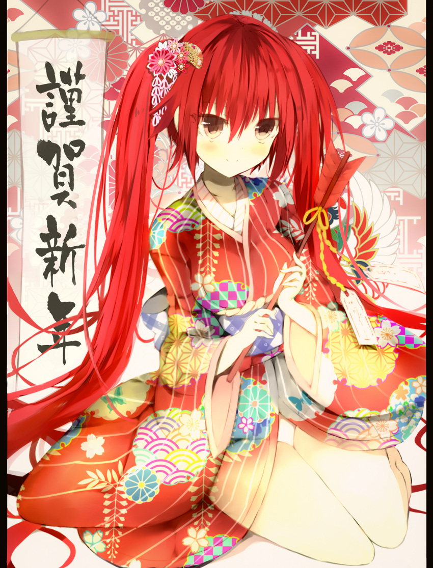 1girl arrow bangs barefoot blush brown_eyes closed_mouth collarbone commentary_request date_a_live eyebrows_visible_through_hair floral_print hair_between_eyes hamaya happy_new_year head_tilt highres holding holding_arrow itsuka_kotori japanese_clothes kimono long_hair long_sleeves looking_at_viewer new_year panties print_kimono red_kimono redhead senya_fuurin sitting smile solo striped translated twintails underwear vertical-striped_kimono vertical_stripes very_long_hair white_panties wide_sleeves yokozuwari