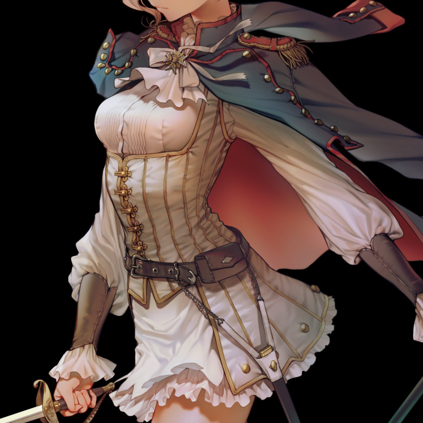 1girl black_background breasts brooch closed_mouth epaulettes hair_ribbon head_out_of_frame highres jacket_on_shoulders jewelry long_hair medium_breasts original quuni ribbon sheath simple_background skirt solo sword weapon