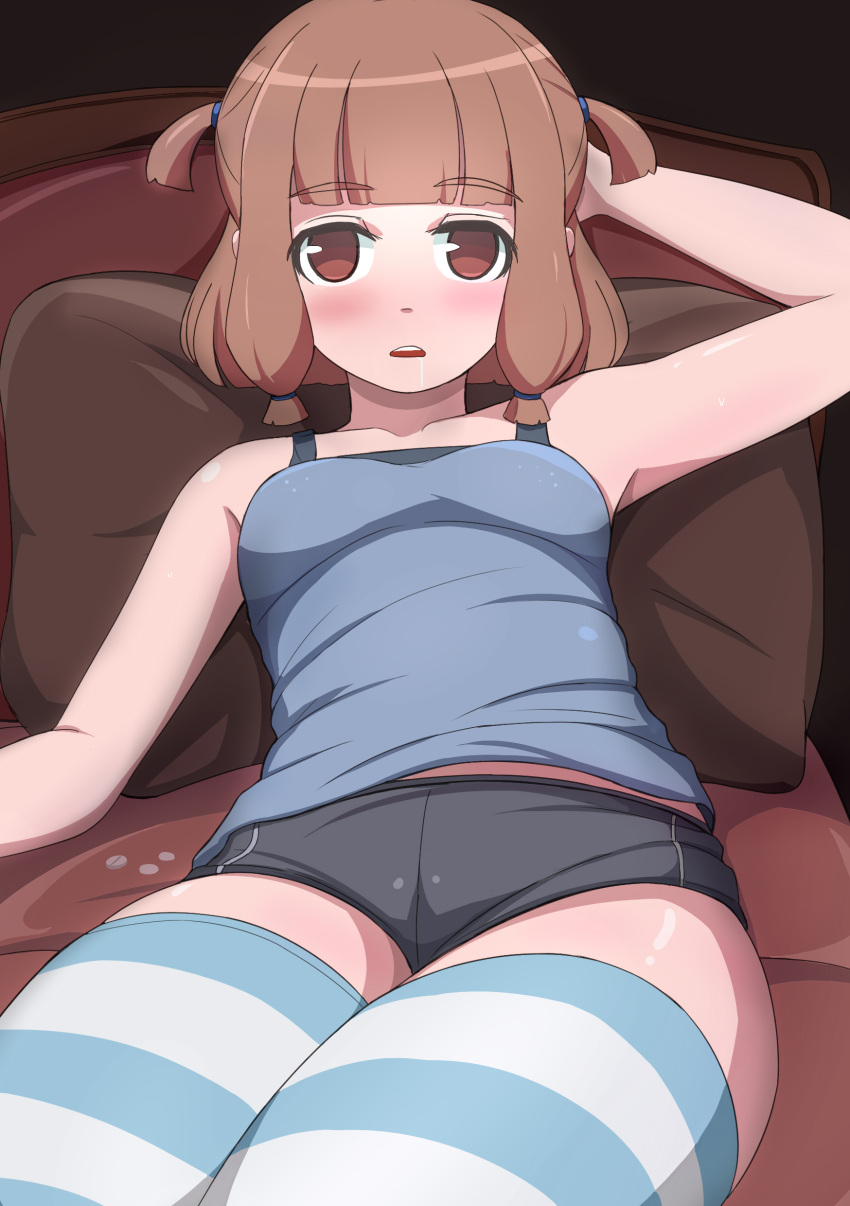 1girl absurdres bangs bare_arms bare_shoulders bed black_shorts blue_tank_top blunt_bangs blush breasts brown_eyes brown_hair collarbone drooling eyebrows_visible_through_hair hair_tie highres looking_at_viewer lying medium_breasts on_back original parted_lips pillow saliva short_shorts short_twintails shorts sidelocks solo striped striped_legwear tank_top thick_thighs thigh-highs thighs toy_box-r twintails upper_teeth
