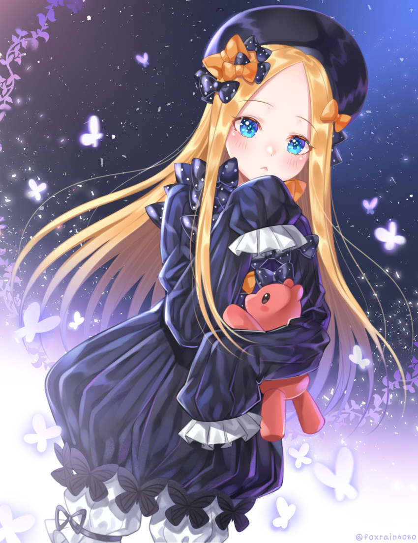 1girl :&lt; abigail_williams_(fate/grand_order) bangs black_bow black_dress black_hat blonde_hair bloomers blue_eyes blush bow butterfly closed_mouth commentary_request dress eyebrows_visible_through_hair fate/grand_order fate_(series) forehead hair_bow hat highres long_hair long_sleeves looking_at_viewer object_hug orange_bow parted_bangs polka_dot polka_dot_bow sleeves_past_wrists solo stuffed_animal stuffed_toy teddy_bear twitter_username ubi_(ekdus6080) underwear very_long_hair white_bloomers