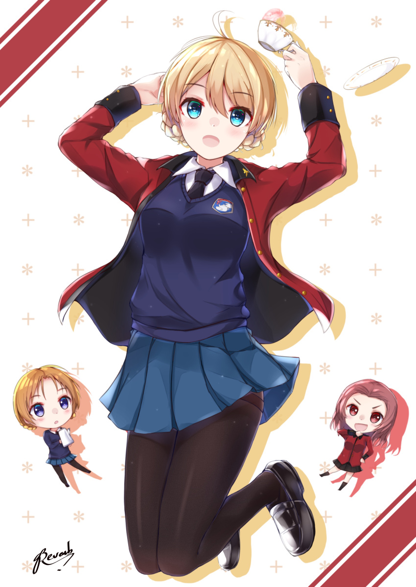 3girls :d :o absurdres ahoge arms_up artist_name bangs bee_doushi black_footwear black_legwear black_neckwear black_skirt blonde_hair blue_eyes blue_skirt blue_sweater boots braid brown_eyes chibi cup darjeeling dress_shirt emblem epaulettes eyebrows_visible_through_hair girls_und_panzer hand_on_hip highres holding jacket jumping loafers long_sleeves looking_at_another looking_at_viewer military military_uniform miniskirt multiple_girls necktie open_clothes open_jacket open_mouth orange_hair orange_pekoe pantyhose parted_bangs pleated_skirt red_jacket redhead rosehip saucer school_uniform shadow shirt shoes short_hair signature skirt smile spilling st._gloriana's_(emblem) st._gloriana's_military_uniform st._gloriana's_school_uniform standing sweater teacup teapot thighband_pantyhose tied_hair twin_braids uniform v-neck white_shirt