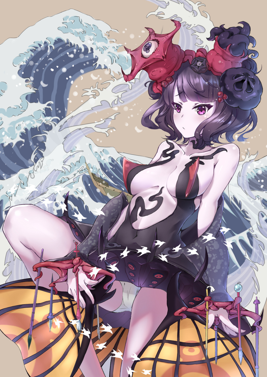 1girl absurdres artist_request bare_shoulders black_hair blue_eyes breasts calligraphy_brush eyeball fate/grand_order fate_(series) flower hair_flower hair_ornament highres japanese_clothes katsushika_hokusai_(fate/grand_order) medium_breasts paintbrush panties short_hair solo underwear waves white_panties