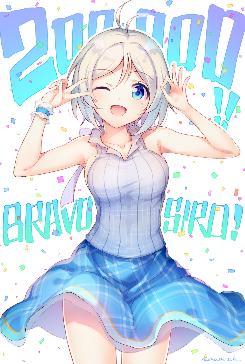 1girl ;d absurdres antenna_hair armpits arms_up artist_name bangs bare_shoulders blue_eyes blue_skirt blush breasts character_name collarbone confetti cowboy_shot dennou_shoujo_youtuber_shiro eyebrows_visible_through_hair grey_shirt highres looking_at_viewer medium_breasts one_eye_closed open_mouth parted_bangs plaid plaid_shirt plaid_skirt shiny shiny_hair shiro_(dennou_shoujo_youtuber_shiro) shirt shoes short_hair silver_hair skirt sleeveless sleeveless_shirt smile solo sora_from_france standing tareme v wrist_cuffs