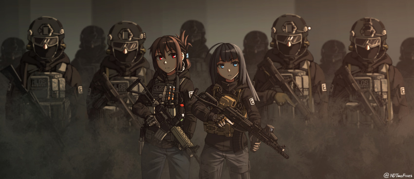 2girls ahoge ak-74m angled_foregrip armor assault_rifle balaclava black_hair blue_eyes brown_hair bulletproof_vest bullpup commentary_request eotech gloves goggles gun hair_up handgun headset helmet highres holding holding_weapon holster holstered_weapon knife_holster load_bearing_vest magazine_(weapon) military multiple_girls ndtwofives original patch plate_carrier qbz-95 red_eyes reflex_sight rifle trigger_discipline twitter_username vertical_foregrip vest weapon weapon_request