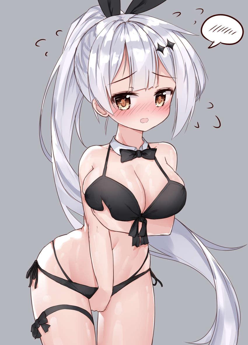1girl absurdres bangs bare_arms bare_shoulders bikini black_bow black_neckwear black_ribbon blush bow bowtie breast_hold breasts brown_eyes cleavage covering covering_crotch detached_collar eyebrows_visible_through_hair five-seven_(girls_frontline) flying_sweatdrops front-tie_bikini front-tie_top girls_frontline grey_background hair_ribbon high_ponytail highres large_breasts long_hair looking_at_viewer nose_blush parted_lips ponytail ribbon side-tie_bikini sidelocks silver_hair simple_background solo spoken_blush swimsuit tandohark thigh_strap very_long_hair wavy_mouth white_collar wing_collar