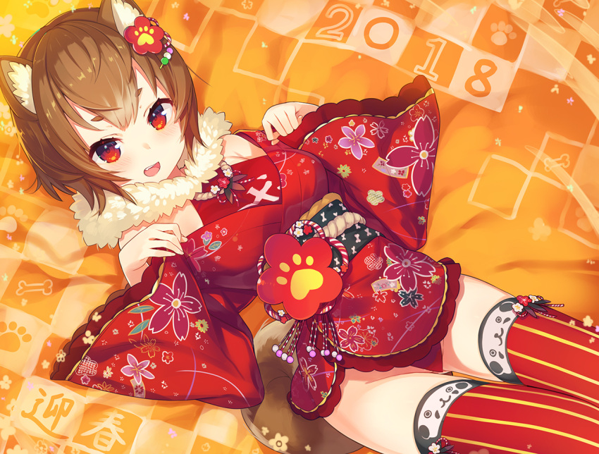 1girl animal_ears bangs brown_hair commentary_request dog_ears dog_girl dog_tail eyebrows_visible_through_hair floral_print fur_collar japanese_clothes kimono long_sleeves looking_at_viewer nengajou new_year obi open_mouth original pinching_sleeves print_kimono red_eyes red_kimono red_legwear sash short_hair short_kimono solo striped striped_legwear tail tam-u thick_eyebrows thigh-highs upper_teeth vertical-striped_legwear vertical_stripes wide_sleeves year_of_the_dog