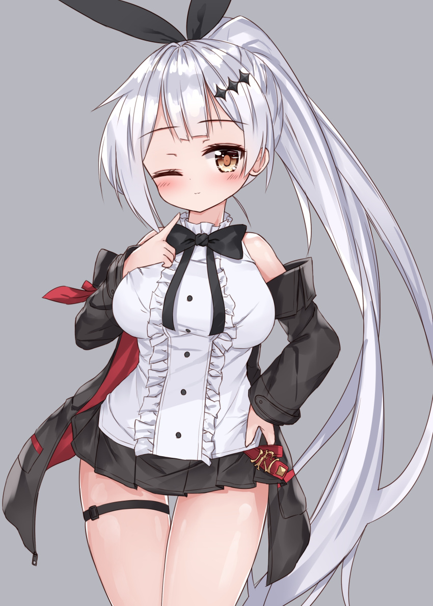 1girl ;3 absurdres bangs bare_shoulders black_jacket black_neckwear black_ribbon black_skirt blush bow bowtie breasts brown_eyes center_frills closed_mouth eyebrows_visible_through_hair five-seven_(girls_frontline) frills girls_frontline hair_ornament hair_ribbon high_ponytail highres index_finger_raised jacket large_breasts long_hair long_sleeves looking_at_viewer miniskirt off_shoulder one_eye_closed open_clothes open_jacket pleated_skirt ponytail ribbon shirt sidelocks silver_hair skirt solo tandohark thigh_gap thigh_strap very_long_hair white_shirt