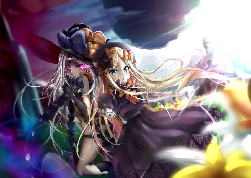 2girls :o abigail_williams_(fate/grand_order) absurdres bangs black_bow black_dress black_gloves black_hat black_panties blonde_hair blue_eyes blurry blurry_background blush bow butterfly closed_mouth commentary_request day depth_of_field dress dual_persona elbow_gloves eyebrows_visible_through_hair fate/grand_order fate_(series) finger_to_mouth gloves glowing glowing_eyes hair_bow hat hat_bow highres long_hair long_sleeves looking_at_viewer multiple_girls object_hug orange_bow outdoors pale_skin panties parted_bangs parted_lips polka_dot polka_dot_bow qiyaori revealing_clothes sleeves_past_wrists smile stuffed_animal stuffed_toy sunlight teddy_bear topless underwear very_long_hair violet_eyes white_hair witch_hat