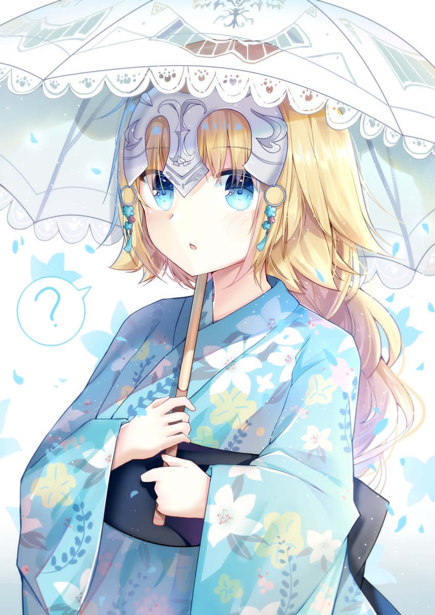 1girl :o ? absurdres alternate_costume artist_request blonde_hair blue_eyes blue_kimono braid commentary_request eyebrows_visible_through_hair fate/apocrypha fate_(series) headpiece highres holding holding_umbrella japanese_clothes jeanne_d'arc_(fate) jeanne_d'arc_(fate)_(all) kimono long_braid long_hair looking_at_viewer solo umbrella very_long_hair yukata