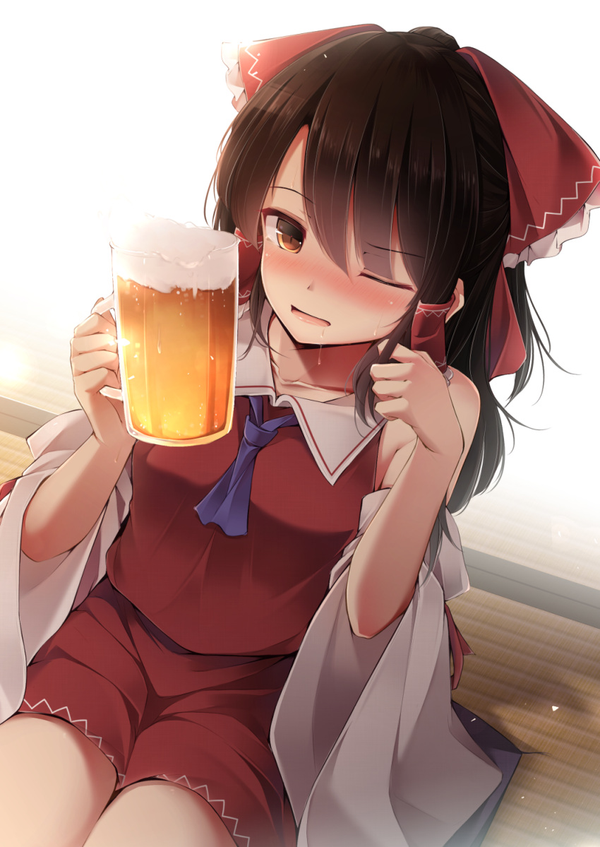 1girl alcohol beer beer_mug blush bow brown_eyes brown_hair detached_sleeves drunk hair_bow hair_tubes hakurei_reimu highres long_hair looking_to_the_side one_eye_closed open_mouth red_bow saliva sitting solo touhou toyosaki_shu