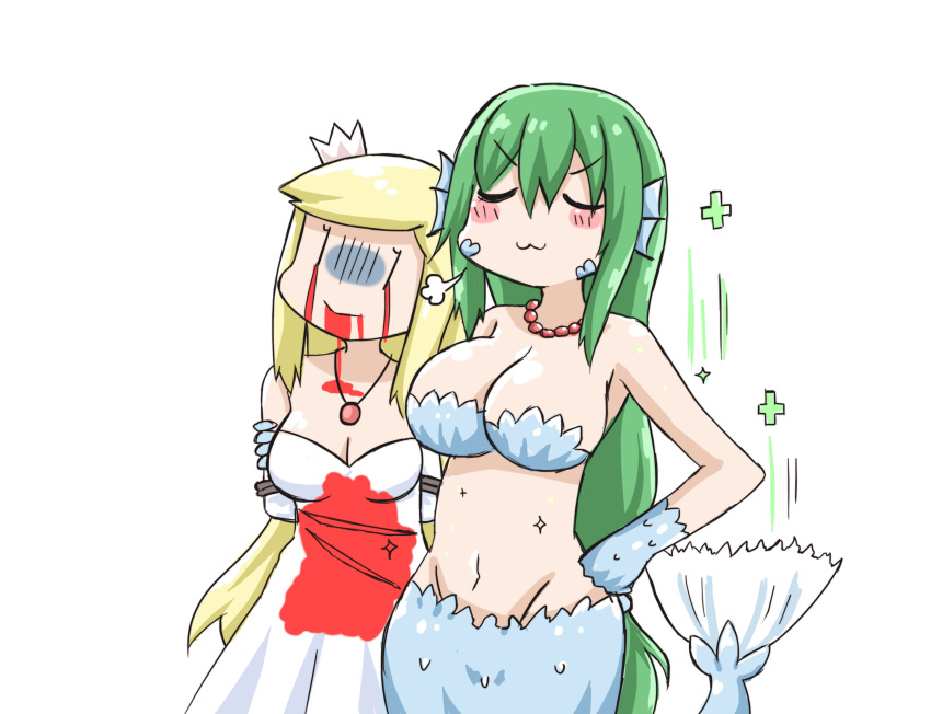 2girls :3 arms_behind_back bare_shoulders blonde_hair blood bloody_clothes bloody_tears bound bound_arms breasts cleavage closed_eyes closed_mouth comic crown detached_sleeves dress green_hair greenteaneko hand_on_hip highres jewelry large_breasts long_hair medium_breasts mermaid mini_crown monster_girl multiple_girls necklace original pearl_necklace pendant regeneration scales silent_comic simple_background smile sparkle strapless strapless_dress tied_up turn_pale very_long_hair white_background white_dress |_|