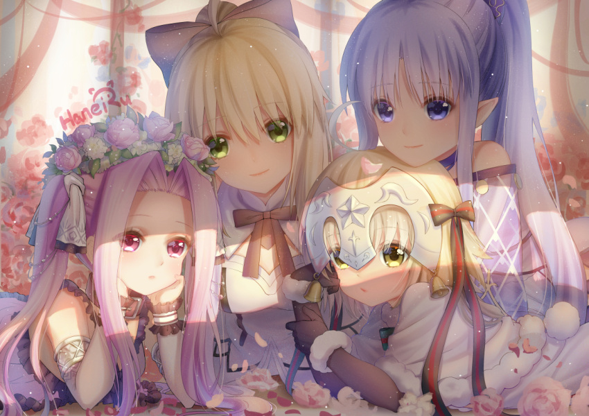 4girls ahoge arm_support artist_name artoria_pendragon_(all) bangs bare_shoulders bell black_bow black_gloves blonde_hair blue_eyes blue_hair bow capelet caster closed_mouth commentary_request dress elbow_gloves eyebrows_visible_through_hair fate/grand_order fate_(series) flower fur-trimmed_capelet gloves green_bow green_eyes green_ribbon hair_between_eyes hair_bow hair_flower hair_ornament haneru head_rest head_tilt headpiece high_ponytail jeanne_d'arc_(fate)_(all) jeanne_d'arc_alter_santa_lily long_hair looking_at_viewer lying medusa_(lancer)_(fate) multiple_girls on_stomach parted_bangs pink_flower pointy_ears ponytail purple_hair ribbon rider saber smile striped striped_bow striped_ribbon twintails very_long_hair violet_eyes white_capelet white_dress white_flower yellow_eyes