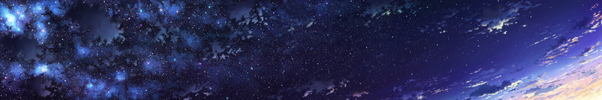 absurdres aoha_(twintail) blue_sky clouds cloudy_sky commentary_request highres long_image nebula night night_sky no_humans original outdoors scenery sky star_(sky) starry_sky sunset wide_image