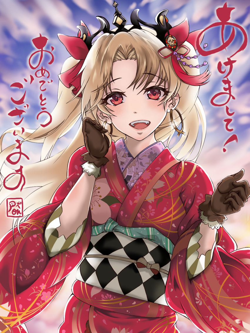 1girl :d bangs blonde_hair blush brown_gloves commentary_request earrings ereshkigal_(fate/grand_order) fate/grand_order fate_(series) floral_print gloves hair_ornament hair_ribbon highres hoop_earrings japanese_clothes jewelry kimono long_hair looking_at_viewer nengajou new_year obi open_mouth parted_bangs pon_(syugaminp) red_eyes red_ribbon ribbon sash skull sky smile solo tiara translated two_side_up wide_sleeves