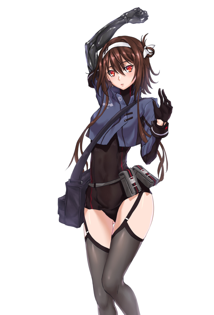 1girl android bag blush brown_hair duffel_bag garter_straps girls_frontline gloves hairband highres looking_at_viewer mechanical_arm orange_eyes parted_lips pouch thigh-highs type_79_(girls_frontline) yeklsa