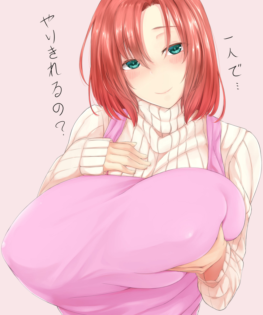 1girl absurdres apron blush boudica_(fate/grand_order) breasts fate/grand_order fate_(series) green_eyes highres huge_breasts long_hair looking_at_viewer lun7732 redhead ribbed_sweater self_fondle smile solo sweater translation_request turtleneck turtleneck_sweater