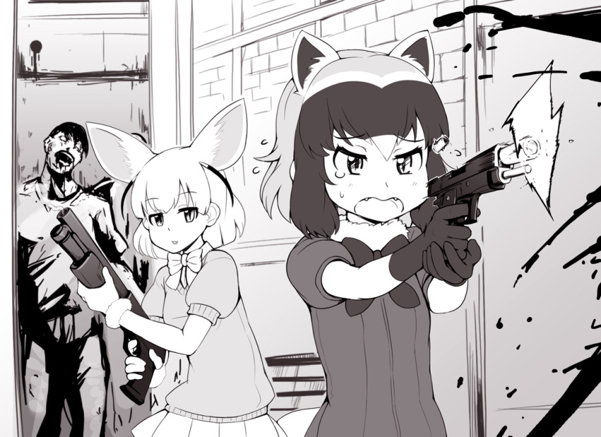 1boy 2girls abubu animal_ears bow bowtie common_raccoon_(kemono_friends) eyebrows_visible_through_hair fangs fennec_(kemono_friends) firing fox_ears fox_tail fur_collar gloves greyscale gun holding holding_weapon kemono_friends looking_at_another monochrome multicolored_hair multiple_girls open_mouth parted_lips pleated_skirt puffy_short_sleeves puffy_sleeves raccoon_ears short_hair short_sleeves shotgun skirt smoke smoking_gun standing sweater tail tears two-handed weapon zombie