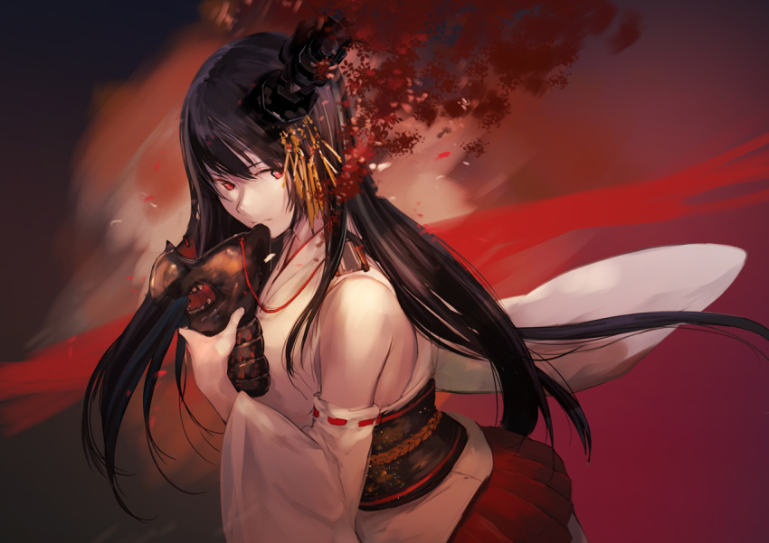 1girl black_hair detached_sleeves fusou_(kantai_collection) hair_ornament kantai_collection long_hair mask mask_removed nontraditional_miko red_background red_eyes solo takeshima_satoshi