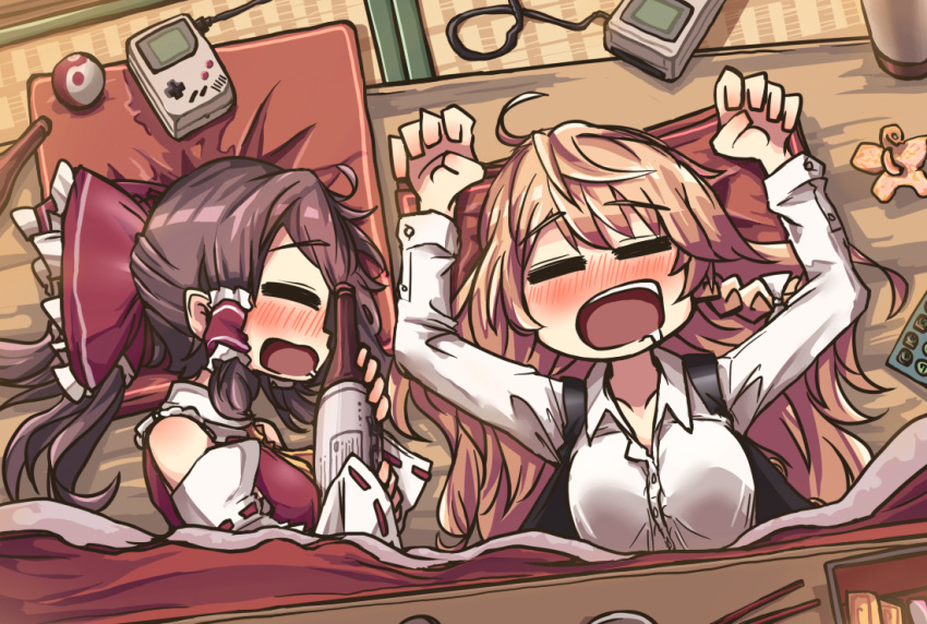 2girls =_= arms_up ascot awa_(bihidasu) black_vest blonde_hair blush bottle bow braid brown_hair collarbone collared_shirt detached_sleeves drooling eyebrows_visible_through_hair food from_above fruit game_boy hair_bow hair_tubes hakurei_reimu handheld_game_console holding holding_bottle indoors kirisame_marisa kotatsu long_hair lying mandarin_orange multiple_girls no_hat no_headwear no_nose nose_blush on_back on_side open_mouth ponytail red_bow ribbon-trimmed_sleeves ribbon_trim sake_bottle shirt side_braid single_braid sleeping table tatami touhou under_kotatsu under_table upper_body vest white_shirt wide_sleeves wing_collar yin_yang_orb