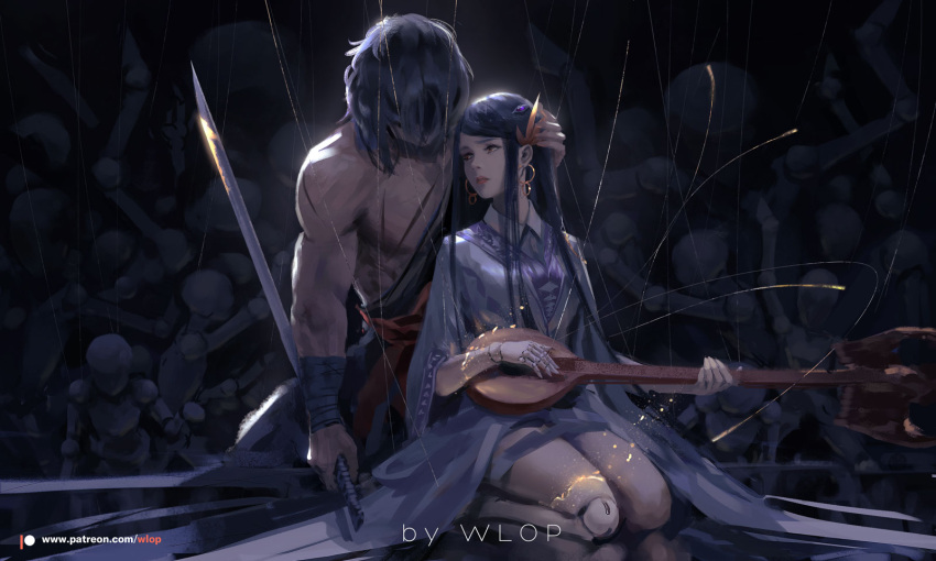 1boy 1girl bandage bandaged_arm black_hair cello character_request closed_mouth commentary_request doll_joints dungeon_and_fighter earrings hair_over_eyes highres holding holding_instrument holding_sword holding_weapon hoop_earrings instrument japanese_clothes jewelry kimono kneeling lips long_hair long_sleeves marionette music patreon_logo patreon_username playing_instrument puppet red_eyes red_lips reverse_grip seiza shirtless sitting sword weapon wlop