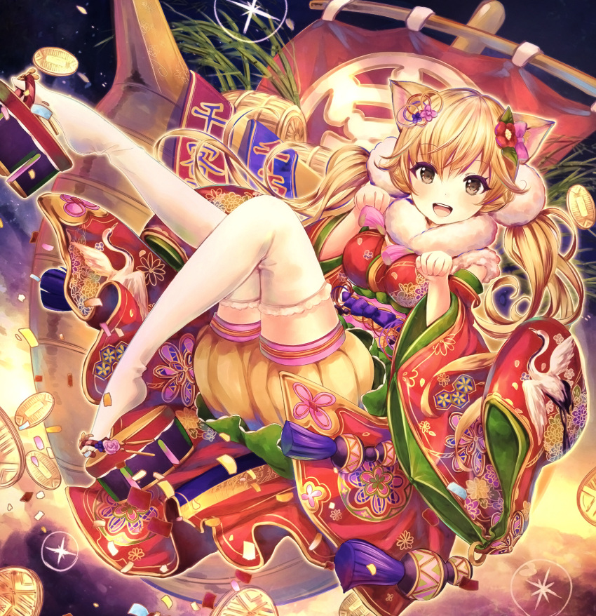 1girl animal_ears blonde_hair boat breasts brown_eyes catbell highres japanese_clothes kimono long_hair looking_at_viewer open_mouth original paw_pose platform_clogs smile solo thigh-highs watercraft white_legwear