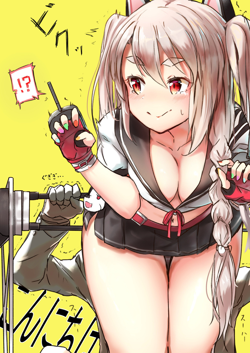 !? 1boy 1girl :&gt; absurdres animal_ears azur_lane bangs belt belt_buckle bent_over black_gloves black_sailor_collar black_skirt blush braid breasts buckle cleavage closed_mouth collarbone cowboy_shot crop_top dot_nose eyebrows_visible_through_hair eyelashes facing_viewer fake_animal_ears fingerless_gloves fingernails gloves hair_between_eyes highres isaka_wasabi long_hair looking_away looking_to_the_side medium_breasts military military_uniform miniskirt motion_lines multicolored multicolored_clothes multicolored_nail_polish nail_polish navel no_bra pleated_skirt puffy_short_sleeves puffy_sleeves red_belt red_eyes red_gloves red_ribbon ribbon sailor_collar school_uniform serafuku shirt short_sleeves side_braid side_slit sidelocks silver_hair simple_background single_braid skirt smile solo_focus standing stomach sweat tears text thick_eyebrows thigh_gap trembling tsurime turret two_side_up uniform white_gloves white_shirt wolf_ears yellow_background yuudachi_(azur_lane)