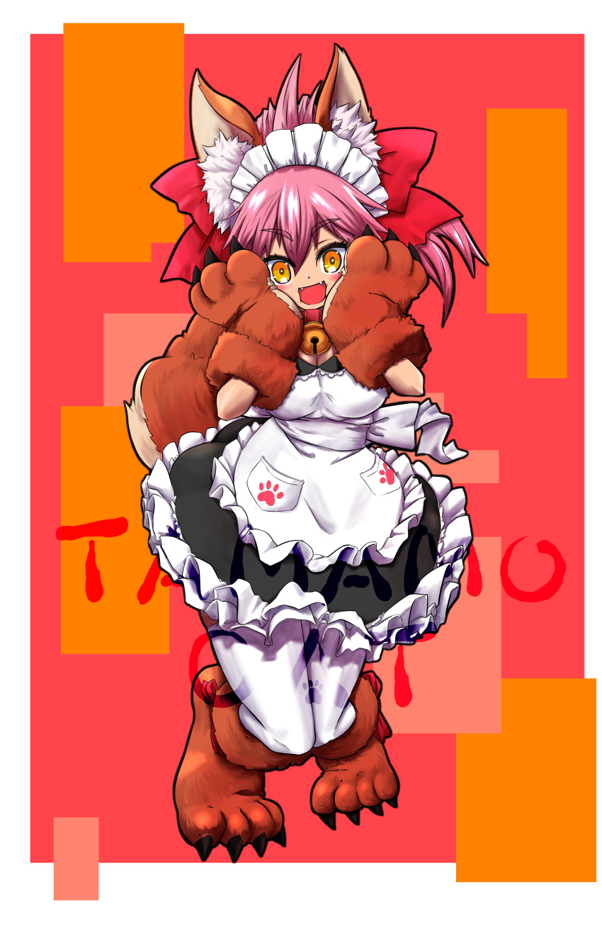 1girl absurdres animal_ears apron bell bell_collar blush breasts cat_paws character_name cleavage collar fangs fate/grand_order fate_(series) fox_ears fox_tail gloves highres jingle_bell large_breasts long_hair looking_at_viewer maid_headdress open_mouth paw_gloves paw_shoes paws pink_hair ponytail red_ribbon ribbon shoes solo tail tamamo_(fate)_(all) tamamo_cat_(fate) yellow_eyes