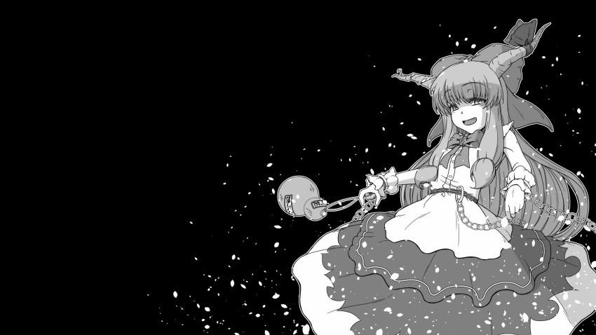 1girl bangs black_background bow bowtie chains commentary_request cowboy_shot eyebrows_visible_through_hair gourd greyscale hair_bow highres horn_bow horns ibuki_suika long_hair looking_at_viewer monochrome negative_space open_mouth sidelocks skirt sleeveless solo sunatoshi touhou