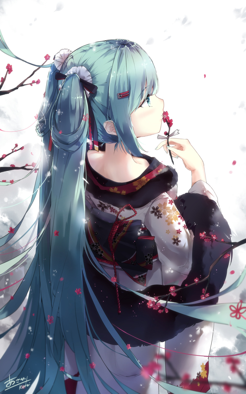 1girl alternate_costume black_ribbon blue_eyes blue_hair blue_nails floral_print flower from_behind fur hair_ornament hair_ribbon hairclip hatsune_miku highres holding japanese_clothes k.syo.e+ kimono long_hair long_sleeves looking_to_the_side motion_blur nail_polish nape plum_blossoms profile ribbon shawl shiny shiny_hair sidelocks signature simple_background solo standing tree_branch twintails very_long_hair vocaloid white_background white_kimono wide_sleeves