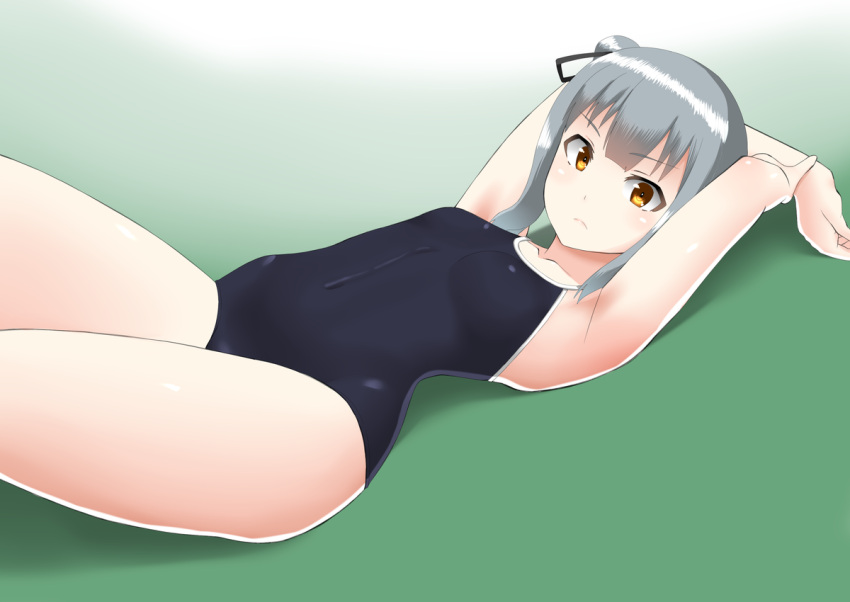 1girl 30-06 armpits breasts competition_school_swimsuit green_background grey_hair hair_ribbon kantai_collection kasumi_(kantai_collection) long_hair looking_at_viewer lying ribbon school_swimsuit side_ponytail small_breasts solo swimsuit yellow_eyes
