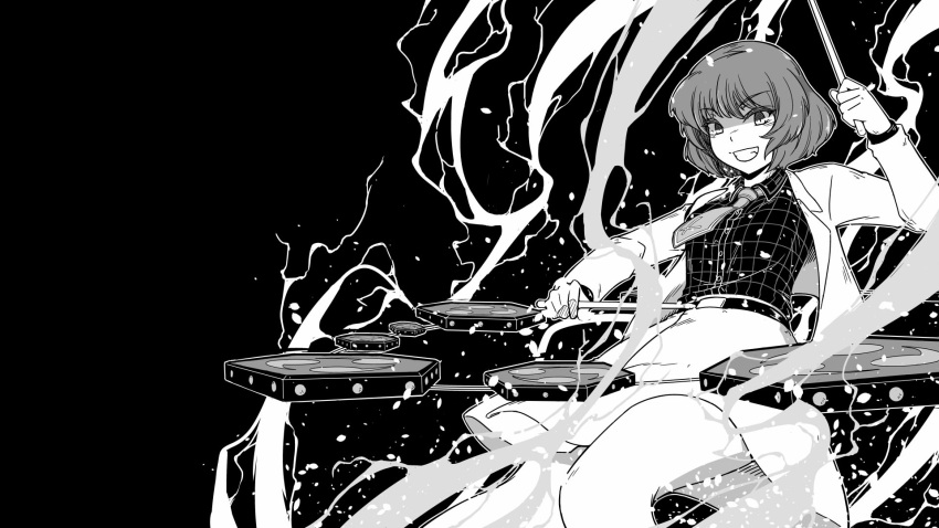 1girl arm_up bangs belt black_background buttons collared_shirt commentary_request cowboy_shot drumsticks eyebrows_visible_through_hair greyscale highres holding horikawa_raiko instrument jacket lightning long_sleeves looking_at_viewer monochrome necktie open_clothes open_jacket shirt short_hair simple_background skirt smile solo sunatoshi taiko_drum touhou
