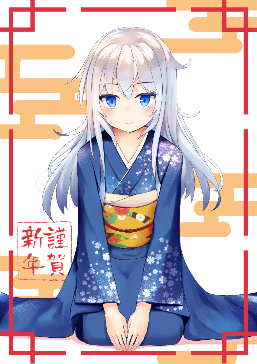 1girl absurdres alternate_costume blue_eyes blue_kimono full_body hibiki_(kantai_collection) highres japanese_clothes kantai_collection kimono long_hair obi odeclea sash seiza silver_hair sitting smile snowflake_print solo