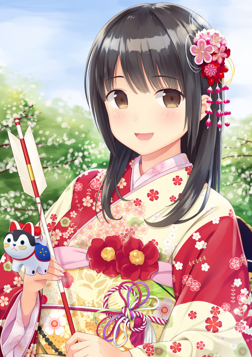 1girl :d absurdres arrow bangs black_hair blunt_bangs blush brown_eyes commentary_request eyebrows_visible_through_hair floral_print flower hair_flower hair_ornament hamaya highres holding holding_arrow japanese_clothes kimono long_hair long_sleeves looking_at_viewer multicolored multicolored_clothes multicolored_kimono n.g. nail_polish obi open_mouth original outdoors pink_flower print_kimono red_flower red_kimono sash sidelocks sky smile solo white_kimono wide_sleeves
