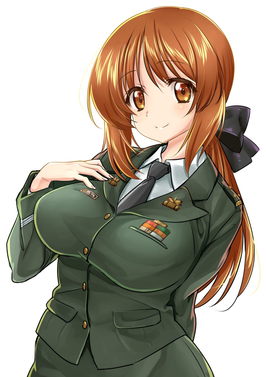 1girl alternate_costume alternate_hair_length alternate_hairstyle arm_behind_back bangs black_neckwear black_ribbon breasts brown_eyes brown_hair closed_mouth dress_shirt epaulettes eyebrows_visible_through_hair girls_und_panzer green_jacket green_skirt hair_ribbon hand_on_own_chest highres insignia jacket japan_ground_self-defense_force large_breasts leaning_to_the_side long_hair long_sleeves looking_at_viewer medal metk military military_uniform name_tag necktie nishizumi_miho older pencil_skirt ponytail ribbon shirt skirt smile solo standing uniform upper_body white_shirt wing_collar