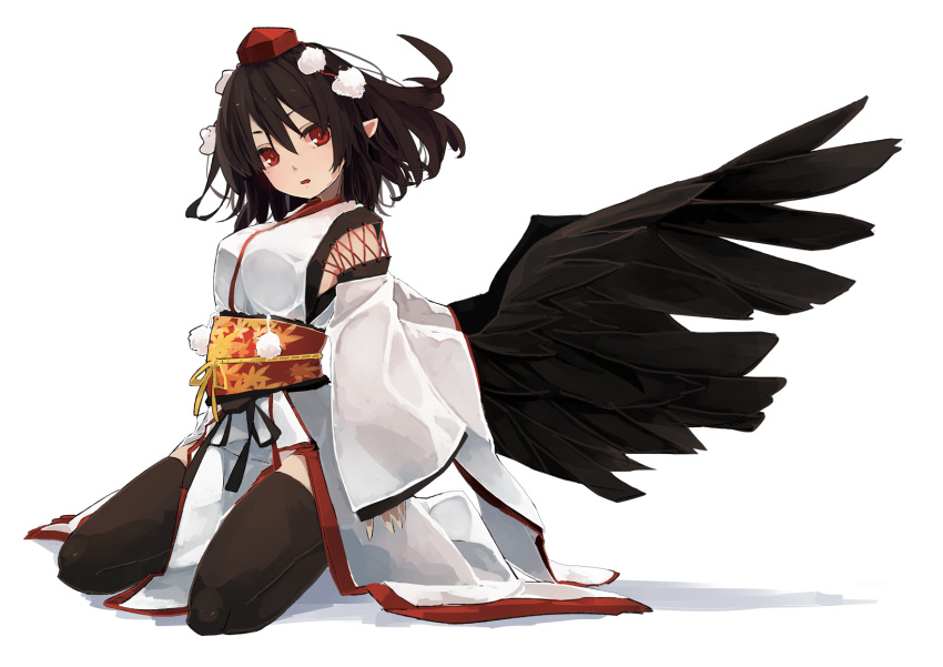 1girl :o arms_at_sides backlighting bangs black_hair black_wings commentary_request door feathered_wings full_body futatsuki_eru hair_between_eyes hat highres indoors japanese_clothes kimono loincloth long_sleeves looking_at_viewer obi on_floor open_mouth pointy_ears pom_pom_(clothes) red_eyes red_hat sash shameimaru_aya short_hair solo tokin_hat touhou white_kimono wide_sleeves wings wooden_floor