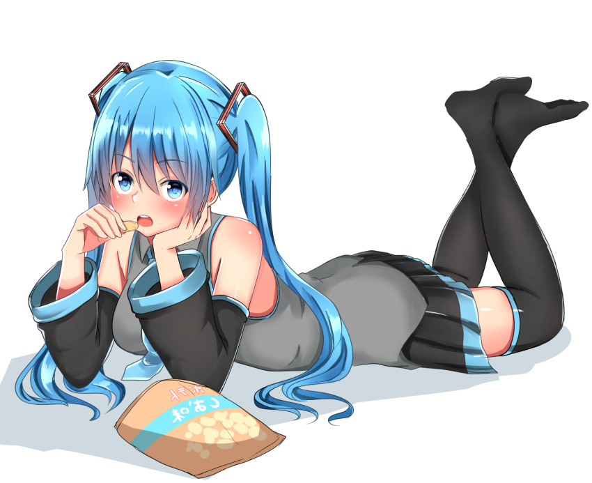 1girl : bag_of_chips bangs bare_shoulders baretto_(karasi07) black_legwear black_skirt blue_eyes blue_hair chips crossed_ankles detached_sleeves eating eyebrows_visible_through_hair food full_body grey_shirt hand_on_own_cheek hatsune_miku highres holding holding_food long_hair long_sleeves looking_at_viewer lying miniskirt no_shoes on_stomach open_mouth pleated_skirt round_teeth shiny shiny_hair shirt skirt solo tareme teeth thigh-highs very_long_hair vocaloid zettai_ryouiki