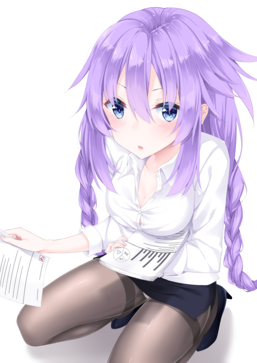 1girl blue_eyes blue_skirt blush braid breasts cleavage collarbone commentary_request hair_between_eyes high_heels highres holding holding_paper long_hair looking_at_viewer medium_breasts neptune_(series) open_mouth pantyhose paper partially_unbuttoned purple_hair purple_heart shikapiro shirt simple_background skirt solo squatting twin_braids twintails very_long_hair white_background white_shirt
