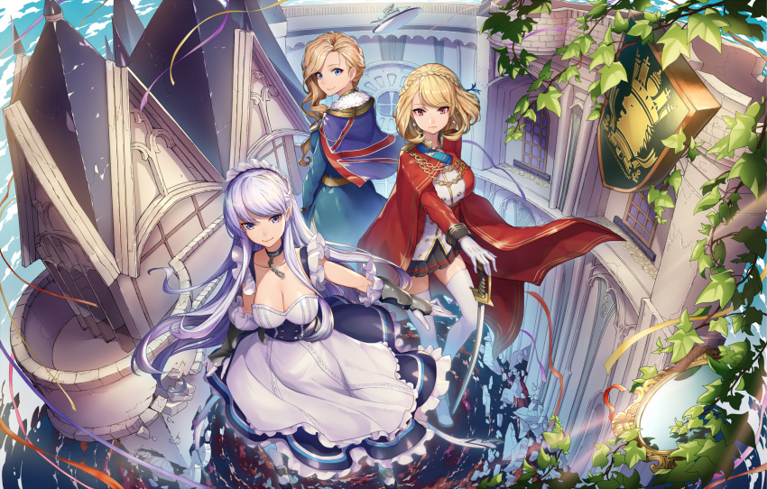 3girls apron azur_lane bangs belfast_(azur_lane) blonde_hair blue_eyes braid breasts chains cleavage closed_mouth collar collarbone commentary_request corset crown_braid dress essual_(layer_world) eyebrows_visible_through_hair french_braid frilled_apron frills gloves hat highres hood_(azur_lane) large_breasts long_hair looking_at_viewer maid maid_apron maid_headdress multiple_girls prince_of_wales_(azur_lane) red_eyes short_hair silver_hair smile swept_bangs thigh-highs union_jack white_gloves white_legwear