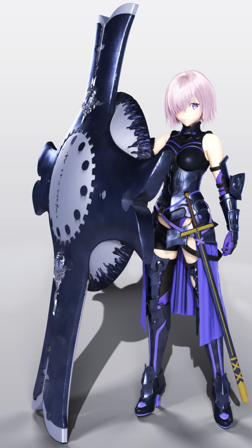 1girl 3d absurdres arm_at_side arm_guards armor armored_boots armored_leotard bare_shoulders black_footwear black_gloves black_legwear black_leotard boots breasts bright_pupils closed_mouth elbow_gloves fate/grand_order fate_(series) full_body gloves grey_background hair_over_one_eye highres holding_shield ikedan legs_apart leotard looking_at_viewer mash_kyrielight medium_breasts one_eye_covered oversized_object pink_hair sheath sheathed shield short_hair simple_background smile solo standing sword thigh-highs thighhighs_under_boots underbust violet_eyes waist_cape weapon