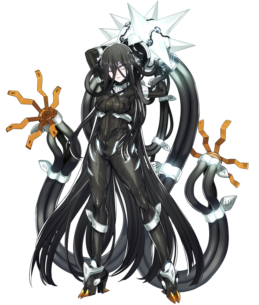 1girl arms_up black_bodysuit black_hair bodysuit breasts full_body grey_eyes highres katagiri_hachigou long_hair looking_at_viewer medium_breasts parted_lips personification pokemon pokemon_(game) pokemon_sm simple_background solo standing ultra_beast very_long_hair white_background wire xurkitree