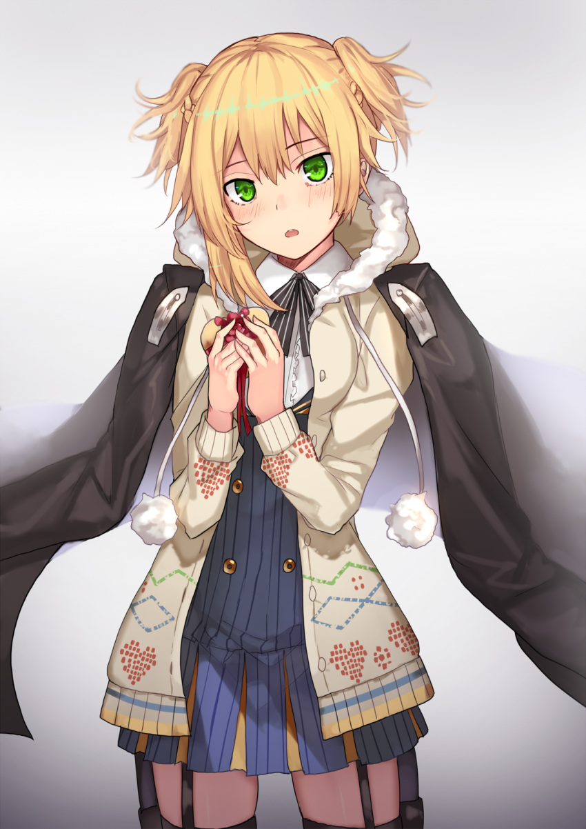 1girl alternate_costume argyle argyle_legwear asymmetrical_hair bangs black_coat black_footwear blonde_hair blue_legwear blue_skirt blush boots box braid cardigan closed_mouth coat cowboy_shot do2mi_doreimi eyebrows_visible_through_hair fur-trimmed_cardigan gift girls_frontline green_eyes hair_between_eyes heart-shaped_box highres holding holding_box holding_gift holster jacket_on_shoulders looking_at_viewer open_cardigan open_clothes open_coat open_mouth pantyhose ribbon side_ponytail sidelocks simple_background skirt sleeves_past_wrists solo striped striped_neckwear striped_skirt thigh_holster thighs welrod_mk2_(girls_frontline) white_background wind wind_lift