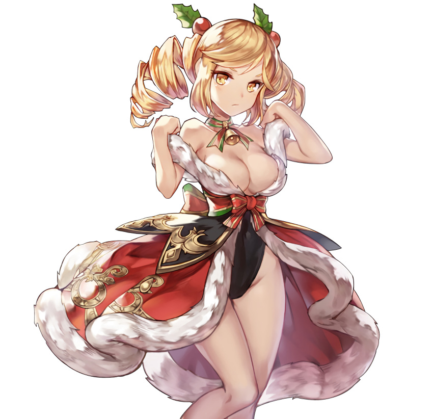 1girl aisha_(king's_raid) bell bell_collar blonde_hair breasts christmas cleavage collar drill_hair hair_ornament highres king's_raid large_breasts leotard official_art