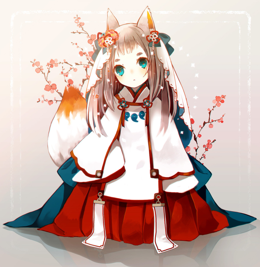 1girl animal_ears bangs beige_background blush brown_hair c: closed_mouth commentary_request flower fox_ears fox_girl fox_tail green_eyes hair_flower hair_ornament hakama head_tilt highres japanese_clothes long_hair looking_at_viewer magatama miko original red_hakama solo sparkle tail thick_eyebrows veil yuzuyomogi